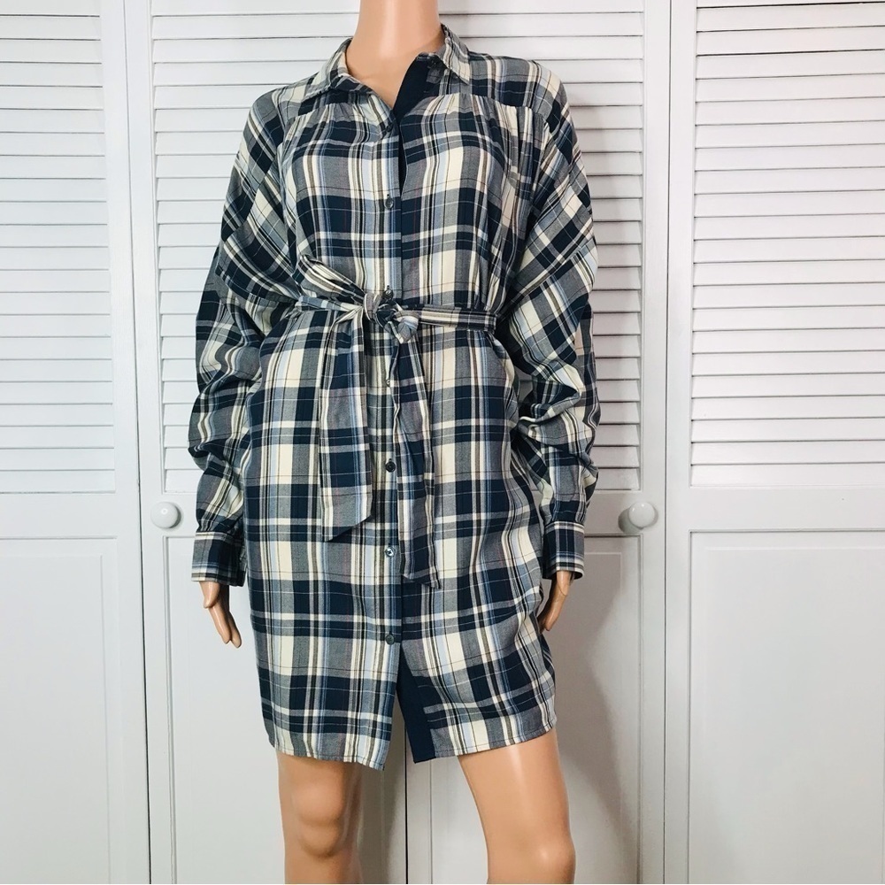 New ATM Anthony Thomas Melillo Navy Chalk Plaid Oversized Shirt Dress Size Large